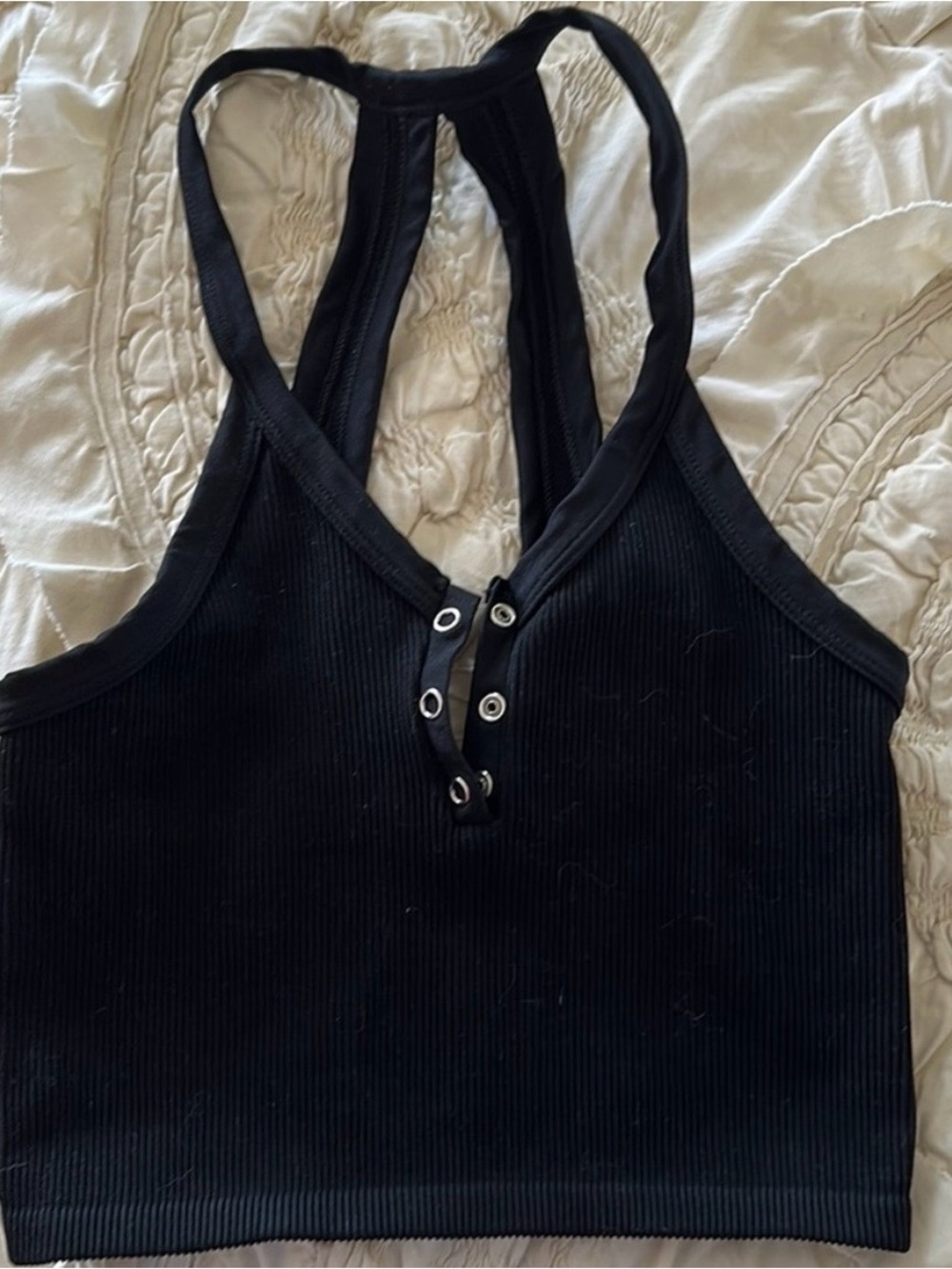 FPM Black Ribbed Racerback Snap-Front Crop Tank Top